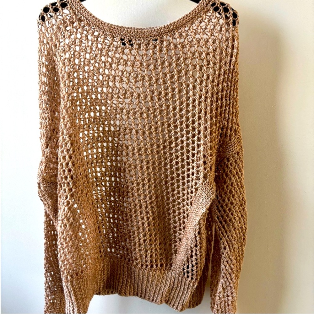 360 Sweater Women's Brown Open-Knit Crew Neck linen blend